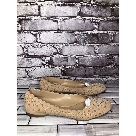 Chloe Beige Suede Leather Scalloped Perforated Stud Ballet Flats Women Sz 40EU/9 - Picture 1 of 16